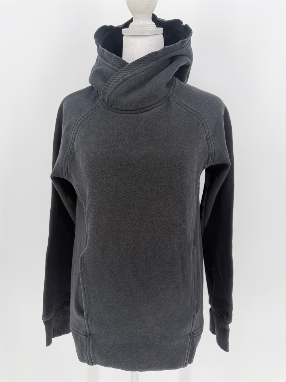 Lululemon Pullover Hoodie Size 2 Black Gray Kangaroo Pocket Cowl Neck